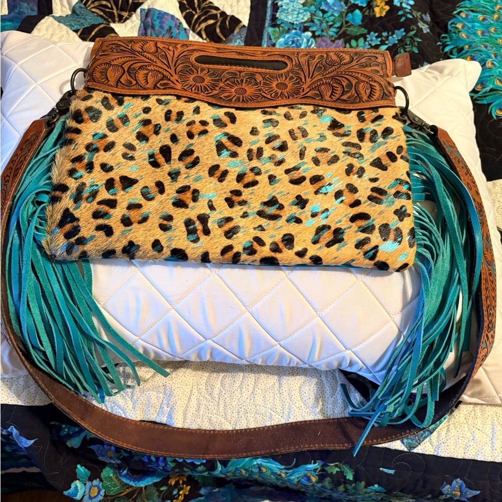 American Darling Leopard Print and Turquoise Fringe Women's Bag 14”x12”